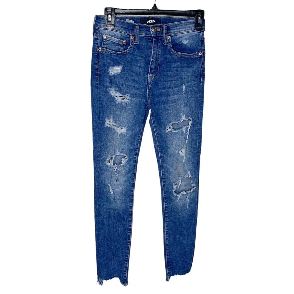 Aero High Rise Distressed Skinny Jeans Womens Size 4 Raw Hem Stretch Ankle